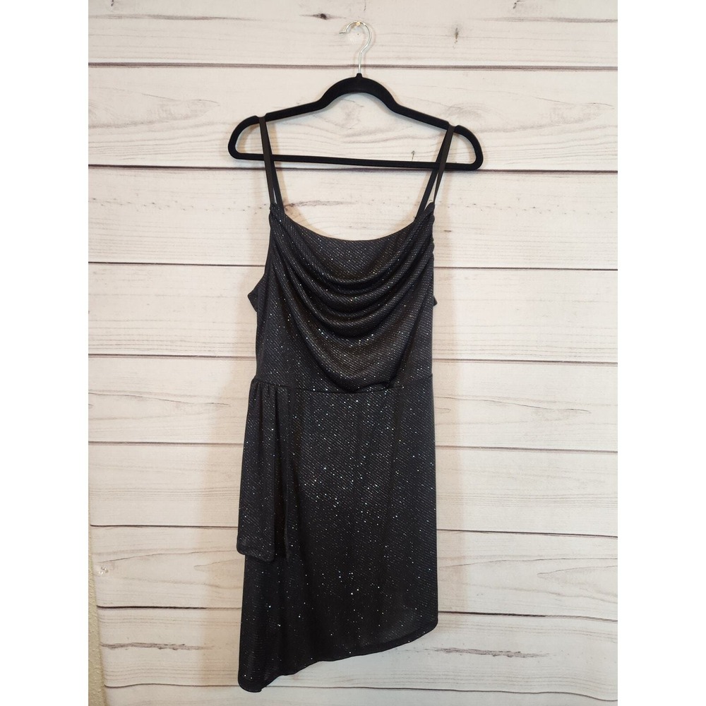 Forever 21 Womens 0X Black‎ Mini Dress Cowl Neck Glitter Asymmetrical Ruffle